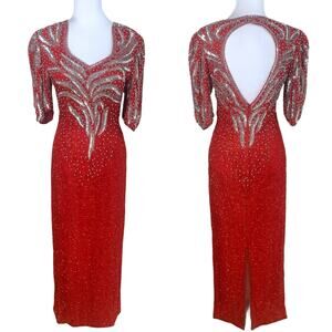 Vintage 80's Sam Size S Silk Sequinned Beaded Evening Dress Red Holiday